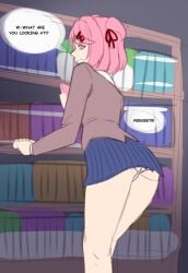 1girls 5_fingers ass back_view behind_view blue_skirt book books bookshelf clothed clothes clothing doki_doki_literature_club english_text female female_focus fully_clothed morbite natsuki_(doki_doki_literature_club) panties pantyshot pantyshot_(standing) pink_eyes pink_hair skirt solo_focus text uniform upskirt wip work_in_progress