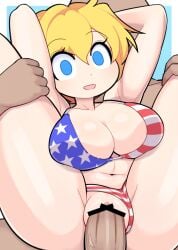 1boy alice_margatroid american_flag_bikini arms_up bar_censor bikini bikini_bottom_aside blonde_hair blue_background blue_eyes breasts censored clothing_aside commentary cookie_(touhou) feet_out_of_frame female flag_print gradient_background hair_between_eyes hospital_king large_breasts looking_at_viewer medium_bangs navel open_mouth penis print_bikini pussy reverse_suspended_congress sex short_hair smile solo_focus star_(symbol) star_print straight striped striped_bikini swimsuit textless_version thigh_grab touhou vaginal_penetration web_(cookie) white_background