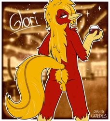 alcohol anthro ass avian balls beak beverage bird casino chrysolophus eyeliner feathers galliform genitals glori_gamebird golden_pheasant graedius_(artist) hair long_hair long_tail makeup male phasianid pinup pose red_body red_feathers tail wine yellow_beak yellow_body yellow_feathers