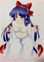 1girls ainu_clothes big_breasts blue_eyes blue_hair blush busty cherry_blossoms female female_only fingerless_gloves hair_ribbon kneeling legs long_hair looking_at_viewer nakoruru open_clothes pants samurai_shodown sarashi smile snk solo thighs traditional_media_(artwork) voluptuous