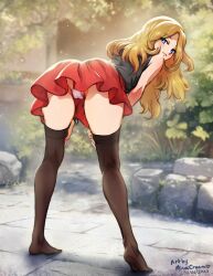 1girls ass bent_over big_ass black_legwear black_tail black_thighhighs blonde_hair blue_eyes blurry blurry_background blush clothed clothing dated eyebrows_visible_through_hair feet female female_only forest from_behind hands_on_own_thighs human human_only legs legwear long_hair looking_at_viewer looking_back minacream nail_polish nature nintendo no_shoes outdoors panties pink_headwear pink_panties pokemon pokemon_(game) pokemon_xy red_skirt serena_(pokemon) serena_(pokemon_games) shirt signature skirt sleeveless soles solo suggestive thighhighs toes underwear upskirt