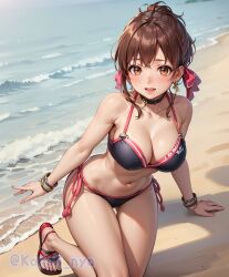 1girls ai_generated alternate_breast_size beach big_breasts bikini black_bikini brown_eyes brown_hair busty cleavage female female_only kaneli_nya king_of_fighters large_breasts looking_at_viewer midriff momoko_(kof) navel ocean open_mouth smile snk solo thick_thighs thighs voluptuous water