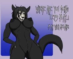 absurd_res anthro areola big_chief_bakari_(artist) black_areola black_body black_fur black_hair black_nipples blue_tongue bone breasts canid canine claws featureless_eyes female fur genitals hair hands_on_hips hi_res licking licking_lips long_tongue looking_down mal0 malo mammal monster nipples nude presenting pussy scp-1471 scp-1471-a scp_foundation skull skull_head solo squinted_eyes standing standing_over teeth text tongue tongue_out undead under_boob