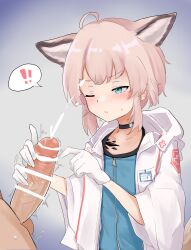 ! !! 1boy 1girls absurdres ahoge animal_ears arknights bar_censor blue_eyes blue_vest blush censored closed_mouth coat collarbone commentary cum doctor ejaculation english_commentary extra_ears female flat_chest fox_ears fox_girl gloved_handjob gloves handjob highres hood hood_down hooded_coat light-skinned_female light-skinned_male light_skin nurse one_eye_closed oripathy_lesion_(arknights) pink_hair short_hair speech_bubble spoken_exclamation_mark straight sussurro_(arknights) twitching_penis vest white_coat white_gloves wuoo48763