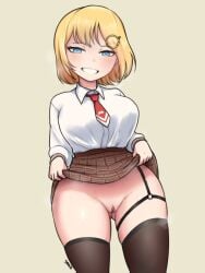 1girls ass_visible_through_thighs big_breasts black_legwear blonde_hair blue_eyes breasts clothed dako dakosito fanart female going_commando hololive hololive_english hololive_myth legwear lifted_by_self light-skinned_female looking_at_viewer no_panties pussy skirt skirt_lift smug smug_face steam sweat teasing teasing_viewer thighs virtual_youtuber watson_amelia