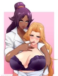 2girls big_breasts bleach bra breasts dark-skinned_female dark_skin female female_only finger_in_mouth huge_breasts interracial interracial_yuri large_breasts light-skinned_female light_skin long_hair matsumoto_rangiku multiple_girls nofuture open_blouse open_clothes open_shirt orange_hair purple_hair shihouin_yoruichi strapless_bra underwear upper_body yuri