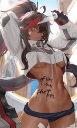 1girls arc2urus arm_behind_head big_breasts brazilian busty crop_top dark-skinned_female dark_skin female female_only juliette_(omega_strikers) large_breasts long_hair midriff navel omega_strikers painted_hair painted_nails ponytail solo sports_uniform sun sweat sweaty underboob voluptuous yellow_eyes