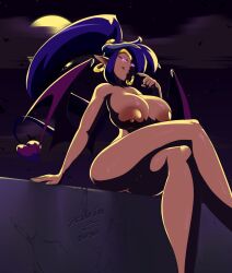 2020 areola ass big_breasts big_butt breasts ear_piercing ear_ring female genie glowing glowing_eyes hair hi_res huge_breasts humanoid humanoid_pointy_ears licking licking_lips looking_at_viewer moon navel night nipples nude piercing purple_eyes purple_hair ring_piercing shantae shantae_(character) signature sitting smile smooth_skin solo spade_tail succubus tail text thick_thighs tongue tongue_out wayforward winged_humanoid wings zedrin