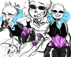 1female 1male bottom_heavy ectobody female ink_sans ink_sans_(fan_character) inktale masturbating masturbation panties rule_63 sans sucking_finger thong uncensored underlust underlust_sans