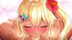 1boy akagi_rio animated blonde_hair blue_eyes blush breasts censored cum dark-skinned_female ejaculation elf fellatio female flower gyaru hair_flower hair_ornament hairclip highres huge_breasts look-alike maid milk_factory mosaic_censoring motto!_haramase!_honoo_no_oppai_isekai_oppai_maid_gakuen! myunmyun_lafleur official_art oral parody penis pointy_ears pov red_flower side_ponytail sound tagme tan video