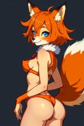 1girls ai_generated anthro anthrofied ass bikini blue_eyes breasts ear_tuft female fluffy_ears fox_ears fox_tail light-skinned_female light_skin looking_at_viewer muzzle neck_tuft orange_bikini orange_bra orange_clothing orange_fur orange_hair orange_panties original original_character perky_breasts small_breasts snout tail