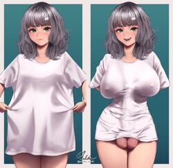 1futa absurd_res areolae baggy_clothing balls bangs big_breasts big_penis bottomless breasts clothed clothing erection erection_under_clothes futa_only futanari grey_hair hidden_curves human large_breasts large_penis light-skinned_futanari light_skin long_hair loose_clothes nipples pajamas_pull penis penis_under_clothes sabakan_oekaki shirt_pull shirt_tighten_meme skindentation solo standing surprise_futa t-shirt/pajamas_challenge thick_thighs tight_clothing veiny_penis wide_hips