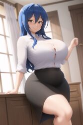 age_progression aged_up ai_generated ass belly_bulge blue_hair breasts brown_eyes button_gap child_bearing_hips desk fairy_tail female huge_ass huge_breasts leaning leaning_back leaning_on_table milf narrowed_eyes office_lady pencil_skirt secretary tagme thick_thighs tight_clothing wendy_marvell wide_hips