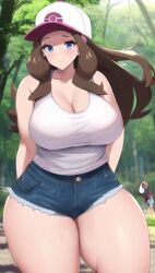 ai_generated baseball_cap big_breasts blue_eyes brown_hair denim_shorts hilda_(pokemon) pawg pokemon pokemon_bw thick thick_thighs