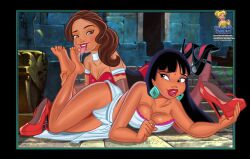 breasts chel chel_(the_road_to_el_dorado) cleavage disney disney_princess elena elena_of_avalor feet feet_licking female female_only high_heels large_breasts poochygirls stockings