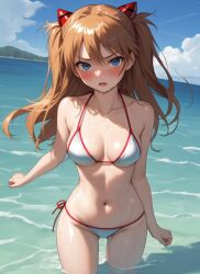 1girls ai_generated asuka_langley_sohryu beach bikini blue_eyes breasts female female_only legs looking_at_viewer medium_breasts navel neon_genesis_evangelion ocean orange_hair solo souryuu_asuka_langley sweat thighs twintails water