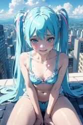 ai_generated blush blush bra female female_only hatsune_miku long_hair looking_at_viewer nervous nervous_smile on_roof panties pixai rooftop small_breasts smile solo teal_eyes teal_hair thick_thighs vocaloid wet wet_skin