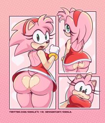 amy_rose ass back backless_dress backside dress exposed_ass fur green_eyes headband heart heart_on_butt hedgehog hedgehog_humanoid oddla pink_fur red_dress red_headband skirt_caught_on_tail sonic_(series) sonic_the_hedgehog_(series) tail underbutt wardrobe_malfunction