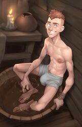 1boy atreus big_feet big_nipples bulge gay god_of_war large_feet large_nipples loki_(god_of_war) male male_only nipples solo tagme yaoi yoshka