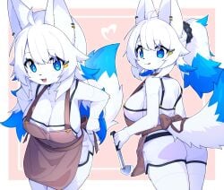 2023 absurd_res accessory adorable ahoge anthro apron ass bella_(devil-vox) big_breasts blep blue_body blue_eyes blue_fur blue_hair blush blush_lines bottomwear breasts camisole canid canine canis cleavage clothed clothing cute cute_face devil-vox digital_media_(artwork) ear_piercing female female_anthro female_only fur hair hair_accessory hairclip hi_res kemono kitchen_utensils ladle looking_at_viewer mammal multiple_images piercing ponytail shorts side_boob solo solo_female tongue tongue_out tools white_body white_fur white_hair wolf