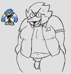 anthro avian belly berdly bird chubby_anthro chubby_male deltarune eyewear feathers genitals glasses humor male male_only moobs nerd penis presenting presenting_penis roccorox slightly_chubby solo solo_focus undertale_(series)