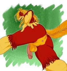 anthro anus ass avian backsack balls beak bird chrysolophus feathers galliform genitals glori_gamebird golden_pheasant hair hi_res long_hair long_tail luvbabiana male penis perineum phasianid presenting presenting_hindquarters red_body red_feathers tail yellow_beak yellow_body yellow_feathers