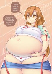 bbw belly_overhang big_belly big_female blush blushing chubby chubby_female embarrassed fat fat_ass fat_female fat_fetish fat_girl fat_woman fatty holding_belly large_female obese obese_female overweight overweight_female panties panties_with_bow pig plump pork_chop speech_bubble ssbbw sword_art_online thick_thighs tubby weight_conscious weight_gain yuuki_asunabbw