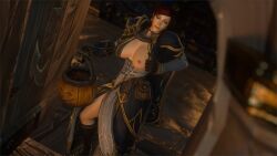 1girls 3d big_breasts blizzard_entertainment blue_eyes halloween halloween_costume human human_(world_of_warcraft) jaina_proudmoore_(cosplay) light-skinned_female light_skin original_character red_hair smooth_skin solo warcraft world_of_warcraft zentaeron zoey_(dypnsfw)