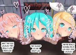 blowjob blush censored censored_penis collar fellatio hatsune_miku heart kagamine_rin maruhage_p maruhagedou megurine_luka peace_sign trio vocaloid