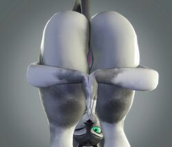 3d_(artwork) anthro ass bent_over canid canine canis digital_media_(artwork) female genitals gradient_background green_eyes grey_background grey_body hands_together hi_res mammal nude praise_da_booty_(meme) pussy simple_background solo source_filmmaker steamcloaker warfaremachine white_body wolf