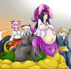 4girls big_belly black_hair breasts catgirl clothed clothing female female_only fully_clothed junko_(the_saint_of_ravens) kimono lamia light-skinned_female light_skin long_hair multiple_girls snake_girl standing straw_hat the_saint_of_ravens white_hair