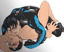 2boys anal anal_sex batman_(series) dc dc_comics dick_grayson gay gay_sex hand_on_thigh head_thrown_back jason_todd male male/male male_only male_penetrated male_penetrating male_penetrating_male naked_male_with_clothed_male nightwing nude_male_clothed_male pinned pinned_to_floor red_hood_(dc) technical_incest yaoi