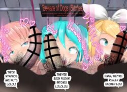 blowjob blush censored censored_penis collar fellatio hatsune_miku heart kagamine_rin maruhage_p maruhagedou megurine_luka peace_sign trio vocaloid