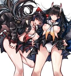 2girls areolae azur_lane belly_button breasts diabolize_(でぃあぼろす) eyebrows_visible_through_hair half-dressed horns light-skinned_female light_skin multiple_girls nipples noshiro_(azur_lane) oni oni_female oni_horns orange_eyes panties purple_eyes sakawa_(azur_lane) sakura_empire_(azur_lane) simple_background skirt skirt_lift white_background white_panties