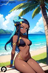 ai_generated armlet beach bikini black_bikini black_hair blue_eyes blue_hair blush breasts closed_mouth cloud dark-skinned_female dark_skin day earrings female hair_bun hoop_earrings jewelry long_hair looking_at_viewer medium_breasts multicolored_hair navel nessa_(pokemon) nintendo ocean outdoors palm_tree pikkiwynn pokemon pokemon_ss single_hair_bun sitting sky solo swimsuit tree two-tone_hair watermark wristband
