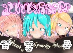 blowjob blush censored censored_penis collar cum cum_in_mouth fellatio hatsune_miku heart kagamine_rin maruhage_p maruhagedou megurine_luka peace_sign trio vocaloid