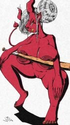 baseball_bat bratty buns devil fanart fanart_from_twitter feet horns massive_breasts mistajaay nude pinup pinup_pose sharp_fingernails squatting succubus tail