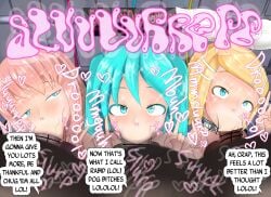 blowjob blush censored censored_penis collar cum cum_in_mouth fellatio hatsune_miku heart kagamine_rin maruhage_p maruhagedou megurine_luka peace_sign trio vocaloid