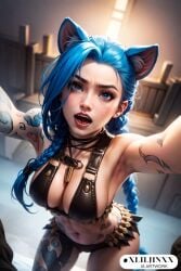 1girls 2023 ai_generated animal_ears blue_eyes blue_hair cleavage clothed_female jinx_(league_of_legends) league_of_legends xliljinxx