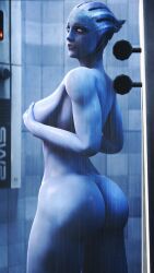 1girls 3d 3d_(artwork) alien_girl asari ass blue_body breasts covering_breasts dat_ass female female_only hbnoob large_ass large_breasts liara_t'soni looking_at_viewer looking_back mass_effect shower solo thick_thighs thighs wet_skin