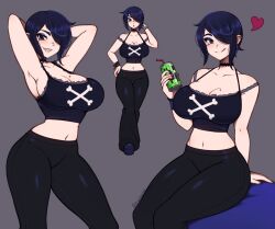 black_pants drink energy_drink heart large_breasts non-nude purple_hair sharp_teeth tank_top yoga_pants