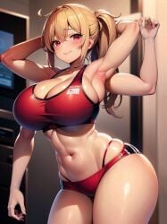 4_arms after_workout ai_generated armpits arms_behind_head arms_up athletic athletic_female big_breasts big_butt blonde_hair cleavage fit_female gym_clothes klia_(tetra_ai) looking_at_viewer multi_arm multi_limb ponytail red_eyes red_shorts red_sports_bra short_shorts skimpy smile sports_bra stable_diffusion tetra_ai thick_thighs tight_clothing toned toned_female toned_stomach