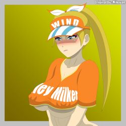 1girls big_breasts blonde_hair blue_eyes blush breeze_dancer clumsydrawer frown looking_down naruto naruto_online nipples_visible_through_clothing ribbon self_upload simple_background skimpy skimpy_clothes solo text tied_hair video_game_character visible_nipples visor_cap