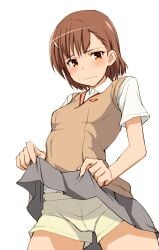 10s 1girls 2013 blush brown_eyes brown_hair clothed clothed_female clothes_lift embarrassed female hair_ornament hairpin hi_res kosuke_haruhito lifted_by_self looking_at_viewer matching_hair/eyes miniskirt misaka_mikoto school_uniform schoolgirl short_hair shorts shorts_under_skirt skirt skirt_lift solo standing sweater_vest teenage_girl teenager thighs to_aru_kagaku_no_railgun to_aru_majutsu_no_index tokiwadai_school_uniform upskirt white_background young