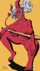 baseball_bat bratty buns devil fanart fanart_from_twitter feet horns massive_breasts mistajaay nude pinup pinup_pose sharp_fingernails squatting succubus tail