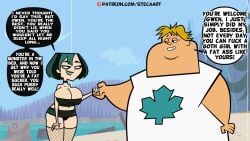 1boy 1girls accurate_art_style big_breasts clothing comic edit edited english english_text fat_man female goth gwen_(tdi) huge_breasts long_hair owen_(tdi) panties screencap screenshot screenshot_edit serious speech_bubble steca talking thelazyart thick thick_ass thick_legs thighs total_drama_island