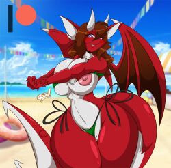 1girls 2023 anthro areolae beach big_breasts bikini breasts cleavage clothing dragon female female_only fish furry genitals hybrid looking_at_viewer marine mastergodai membrane_(anatomy) membranous_wings nipples original original_character pussy red_body scalie seaside shark side-tie_bikini smile solo string_bikini swimwear taralyn thick_thighs wide_hips wings