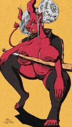 baseball_bat bomber_jacket bratty buns devil fanart fanart_from_twitter feet horns massive_breasts mistajaay naked naked_female pinup pinup_pose sharp_fingernails squatting stockings succubus tail