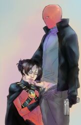 batcest batman_(series) blowjob blowjob_only dc dc_comics forced_blowjob forced_oral gay gay_blowjob gun hand_in_hair hand_on_head jason_todd jaytim kissing_penis kneeling licking_penis male male/male male_only red_hood_(dc) red_robin sarakipin skinny submissive submissive_male sucking_penis threat tim_drake yaoi