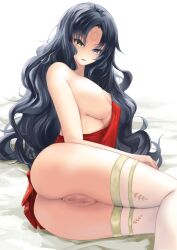 1girls 27-nichi areola azur_lane black_hair blue_eye breasts censored eyebrows_visible_through_hair facial_mark female female_only forehead_mark heterochromia highres large_breasts light-skinned_female light_skin long_hair looking_at_viewer lying mosaic_censoring nipple on_side open_mouth partially_undressed pussy roma_(azur_lane) sardegna_empire_(azur_lane) solo thighhighs yellow_eye